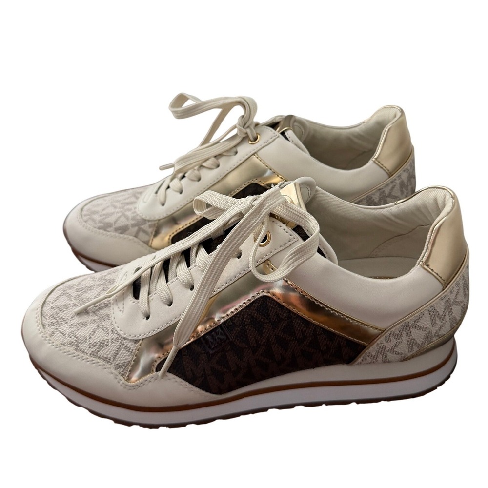 Michael Kors Maddy Mixed Media Sneakers Vanilla Gold Logo Monogram 7.5M NWOB - Picture 9 of 9